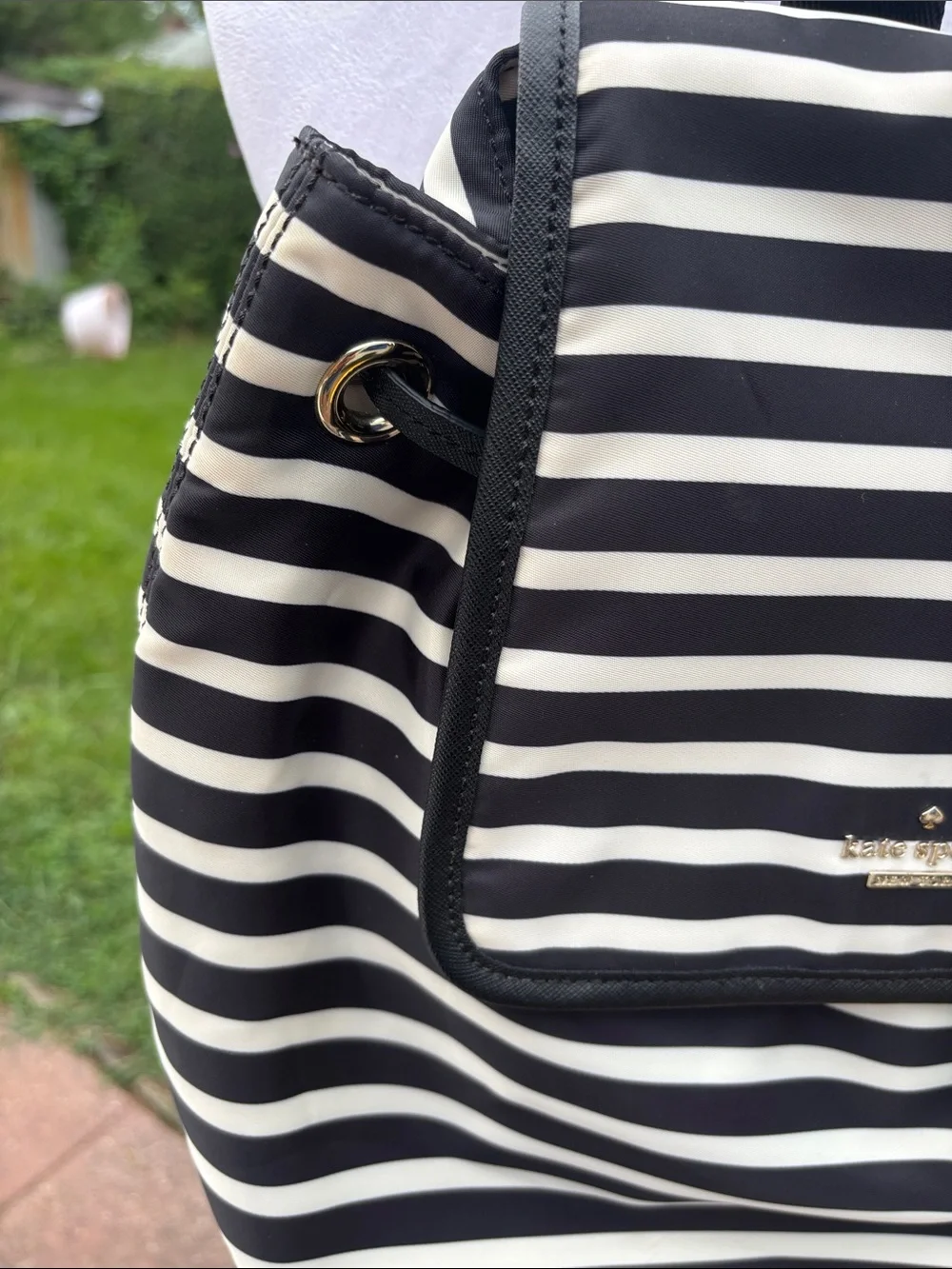 kate spade Black and White Striped Nylon Drawstring Backpack